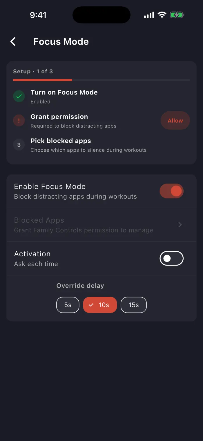 FocusLift Focus Mode setup screen: enable Focus Mode, grant permission, pick blocked apps, and choose an override delay of 5, 10, or 15 seconds