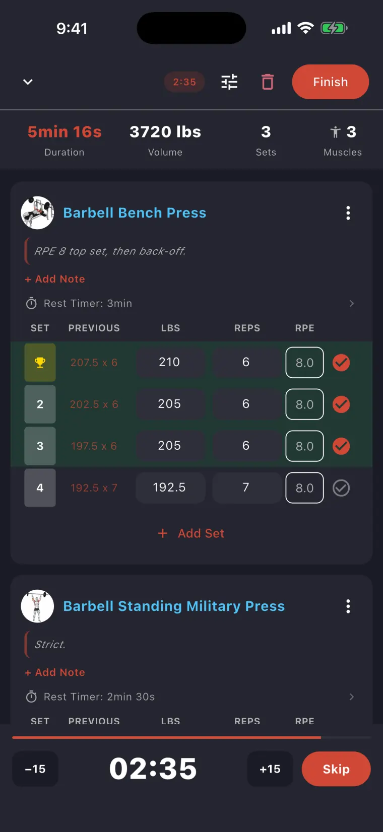 FocusLift live workout screen tracking Barbell Bench Press: four sets with weight, reps, and RPE, previous session numbers, and a running rest timer