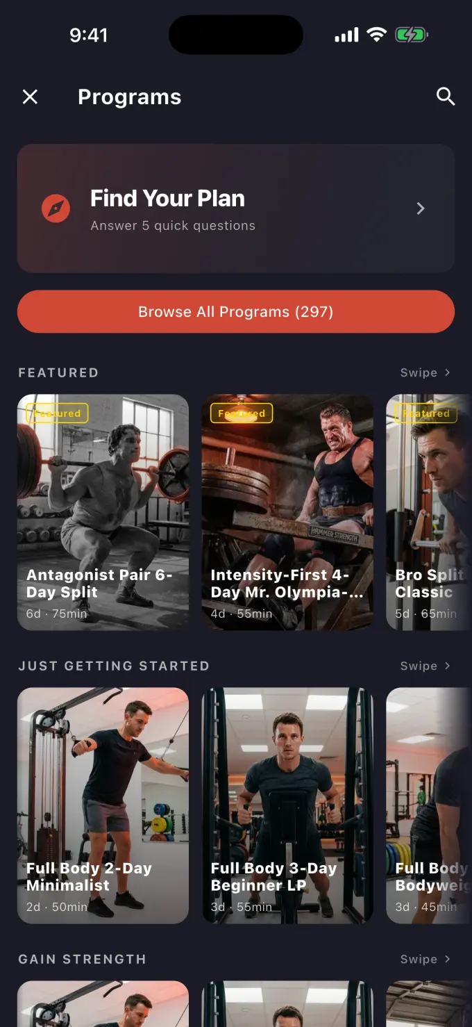 FocusLift Programs screen with a Find Your Plan quiz, a Browse All Programs button showing 297 programs, and featured program cards