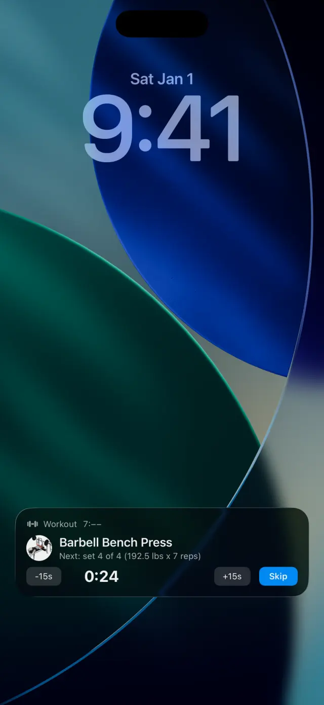 iPhone Lock Screen showing the FocusLift rest timer as a Live Activity: Barbell Bench Press, next set 4 of 4, 24 seconds left, with plus and minus 15 second buttons