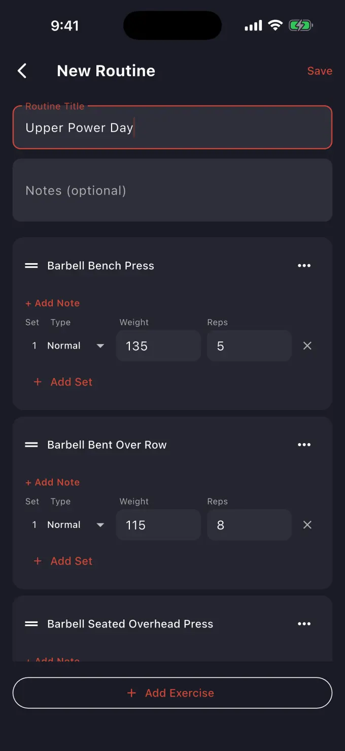 FocusLift routine builder: an Upper Power Day routine with Barbell Bench Press, Barbell Bent Over Row, and Barbell Seated Overhead Press, each with sets, weight, and reps